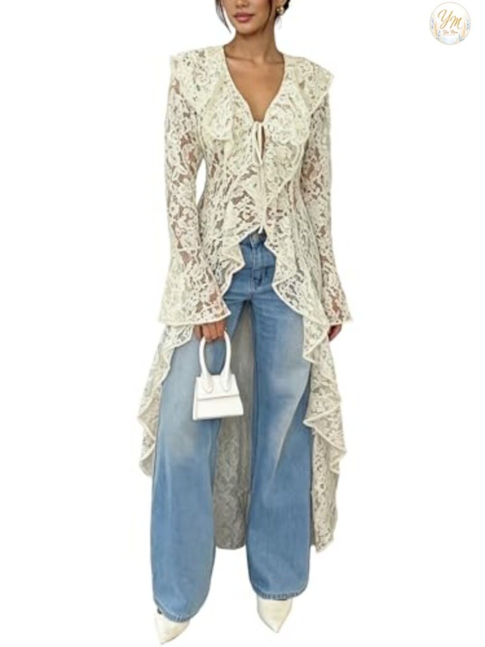 Lace Cardigan Women Maxi Lightweight Open Front Tie Bell Long Sleeve Ruffled